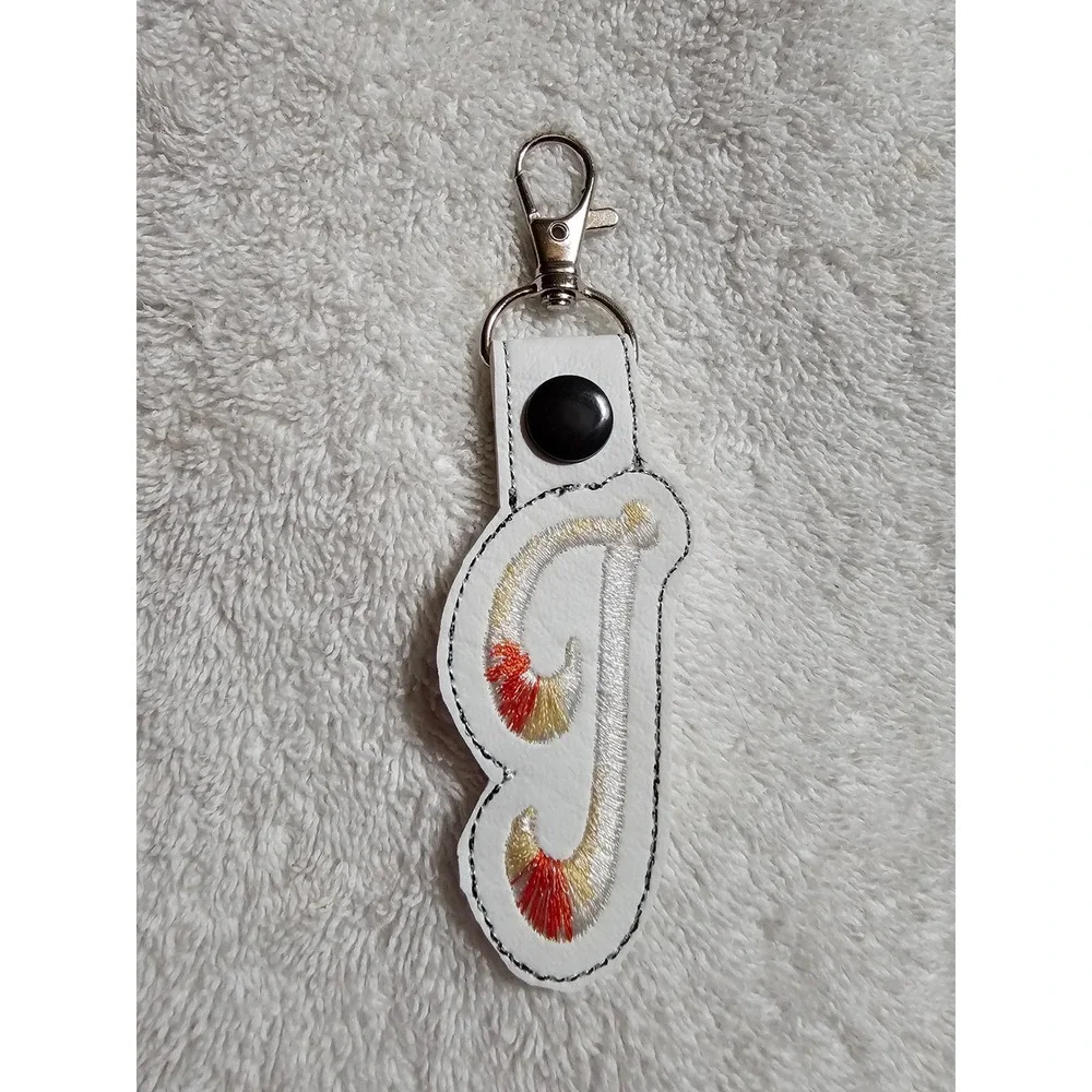 Letter J Keychain Embroidered Initial Bag‎ Charm Purse Charm White